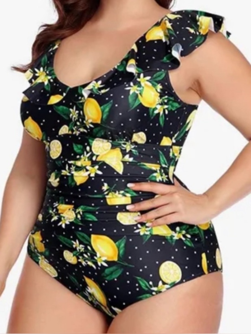 Daci Ruffled Vintage Retro Style Lemon Print Tummy Control Swimsuit Plus Size 16